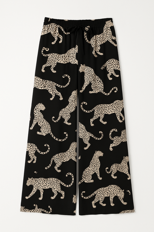 SS Leopard Print Drawstring Wide-leg Pant