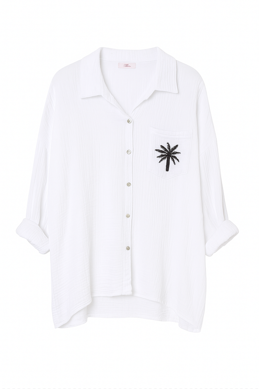 Gauze Button DownShirt, Embroidered Palm Tree Pocket