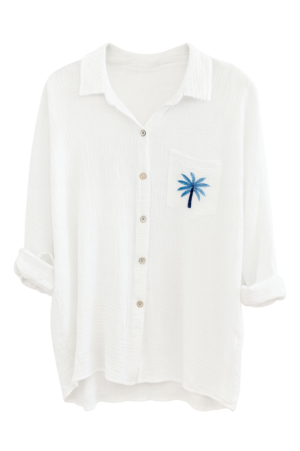 Gauze Button DownShirt, Embroidered Palm Tree Pocket