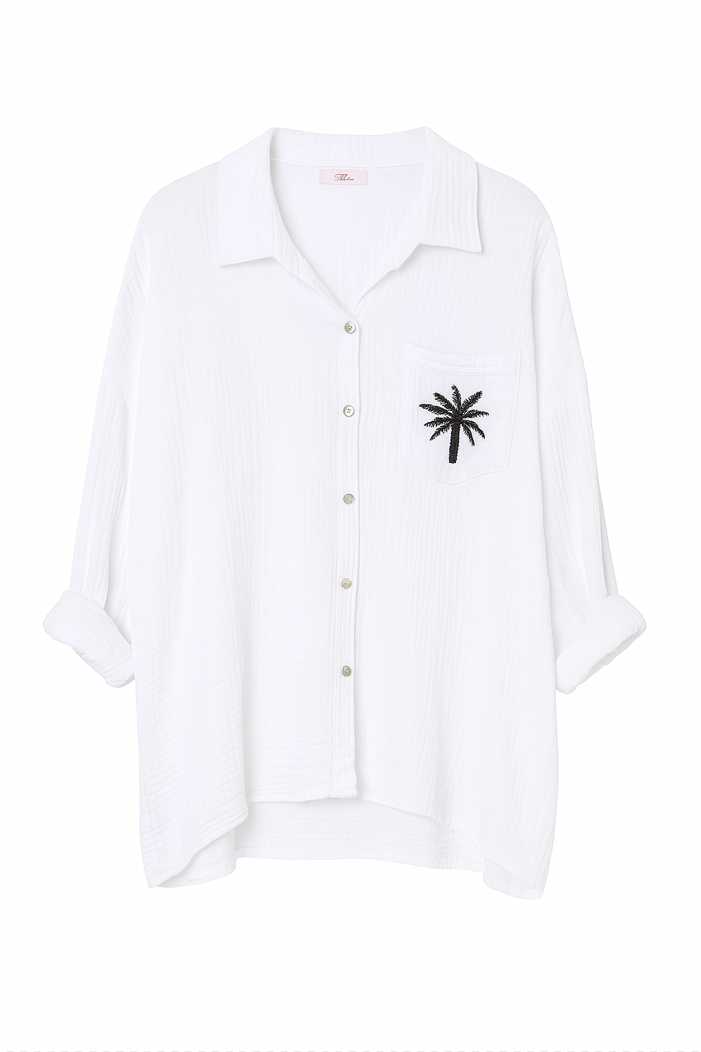 Gauze Button DownShirt, Embroidered Palm Tree Pocket