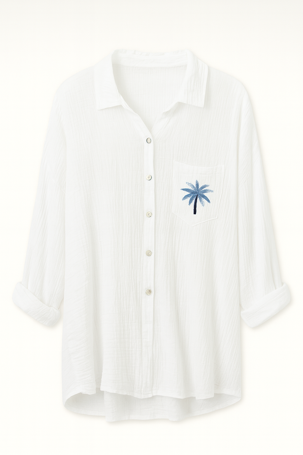 Gauze Button DownShirt, Embroidered Palm Tree Pocket