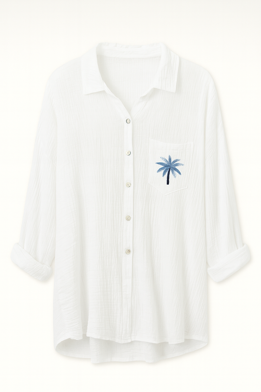 Gauze Button DownShirt, Embroidered Palm Tree Pocket