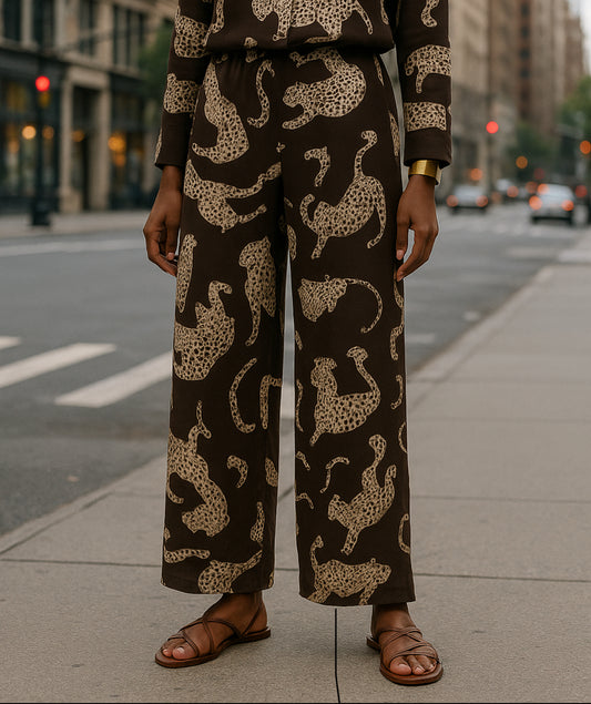 SS Leopard Print Drawstring Wide-leg Pant