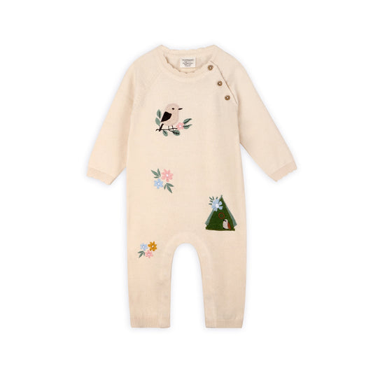 Bird & Floral Embroidered Baby Knit Jumpsuit