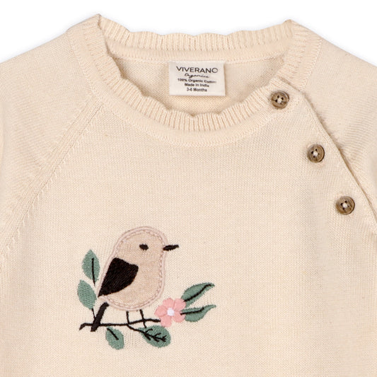 Bird & Floral Embroidered Baby Knit Jumpsuit